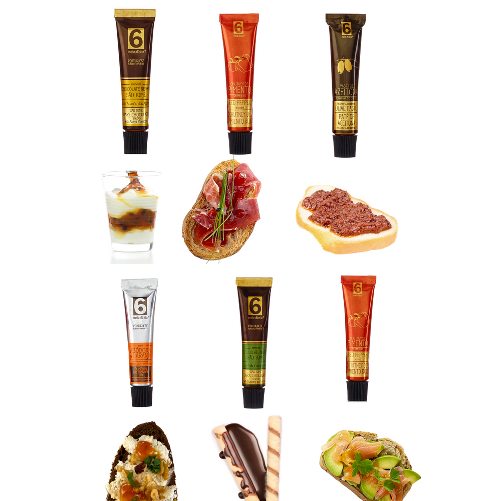 
                  
                    Box Experiência: Travel Kit 6 Sabores (Doces, Chocolates, Pasta de Azeitona) - Monumentos Mundiais + Crackers meia.dúzia®, inclui Crackers Salgadas e Travel Kit 6 Sabores - Monumentos Mundiais com Compota de Ananás dos Açores com Erva-Príncipe, Compota de Laranja com Vinho da Madeira, Compota de Figo e Laranja com Canela, Creme de Chocolate Negro São Tomé com Morango e Malagueta, Creme de Chocolate Negro São Tomé com Mirtilo e Vinho do Porto e Pasta de Azeitona Negrinha do Douro
                  
                