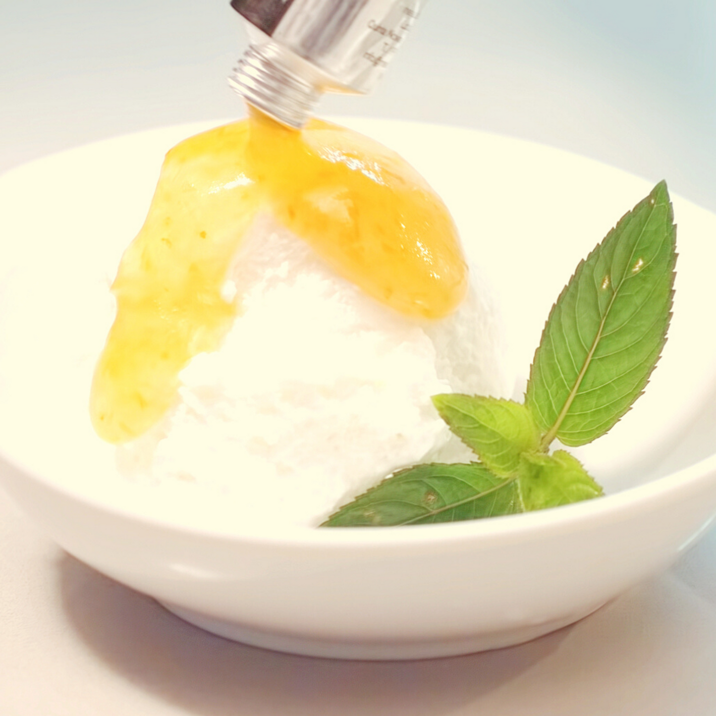Gelado de baunilha com doce de maçã Bravo de Esmolfe com hortelã e vinho licoroso. Ideal para oferecer uma experiência refrescante