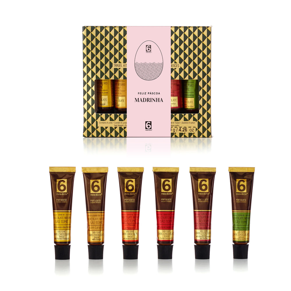 Surpreenda a sua madrinha na Páscoa com o Kit 6 Chocolate Negro São Tomé com Frutas Portuguesas - Especial Páscoa! Com sabores deliciosos, como ananás dos Açores, laranja, cereja do Fundão e mirtilo com vinho do Porto, esses cremes de chocolate são feitos com produção artesanal e 100% portugueses. 