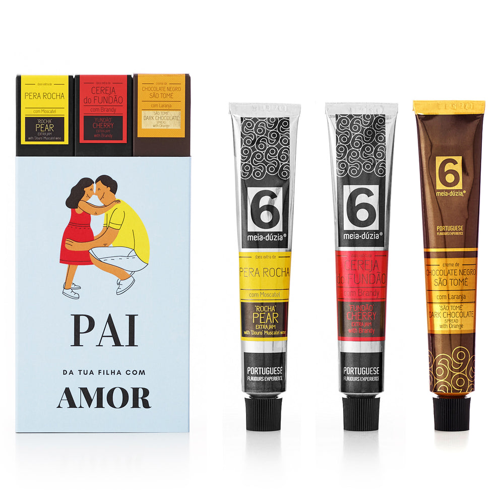 PACK 3 edição Dia do Pai inclui: Doce Extra de Pera Rocha com Moscatel - 75g Doce Extra de Cereja do Fundão com Brandy - 75g Creme de Chocolate Negro São Tomé com Laranja - 75g